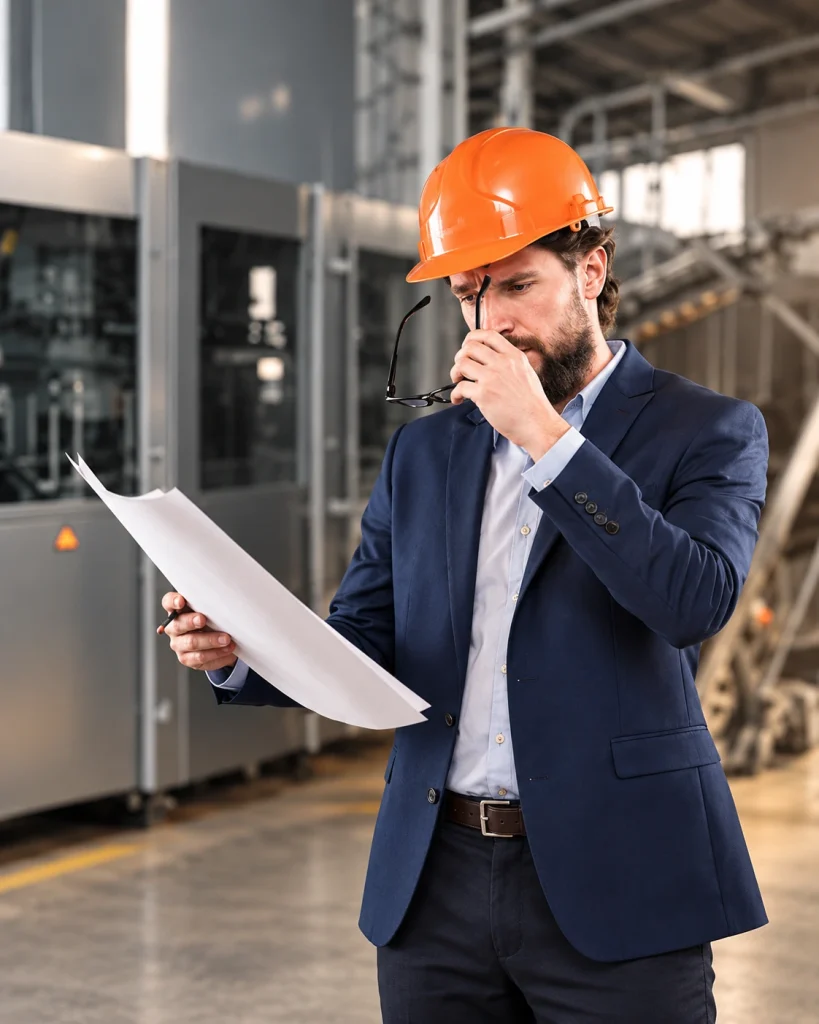 Ingeniero con casco naranja revisando planos en una planta industrial.