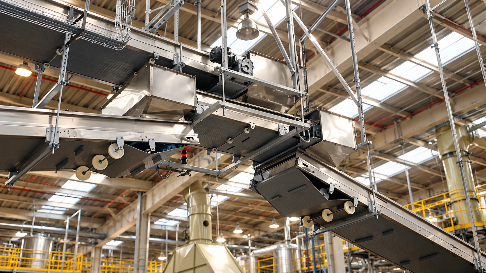 Transportadores elevados y estructuras de manejo de piezas en una planta industrial.